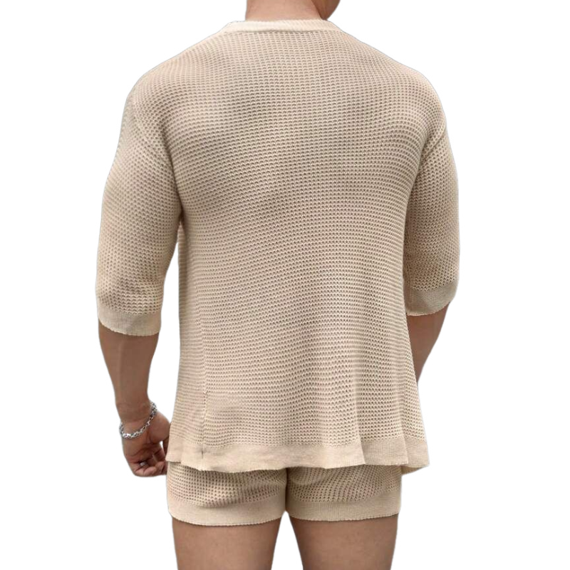 Lässiges Herren-Strickset mit mittellangen Ärmeln, Strickjacke und Shorts mit elastischer Taille