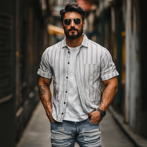 Herren Casual Baumwolle Leinen Gestreiftes Revers Einreihiges Lockeres Kurzarmhemd