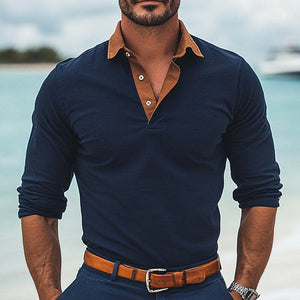 Camiseta básica cómoda con cuello polo y bloques de color para hombre