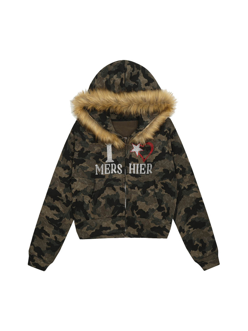 Hotfix Rhinestones Camouflage Fur Hooded Fleece Jacket