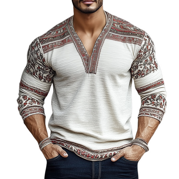 Camiseta de manga larga con cuello en V arrugado y estampado retro con bloques de color para hombre