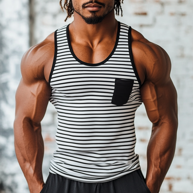 Men's Casual Striped Stitching U-Neck Patch Pocket Slim Fit Tank Top