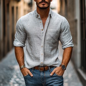 Camisa informal de lino con solapa y bolsillo de parche de manga larga para hombre