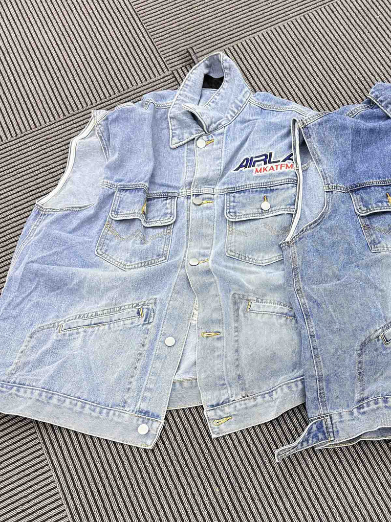 American Retro Washed Printed Denim Vest