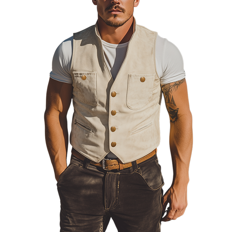 Chaleco de gamuza multibolsillos estilo retro occidental de primavera para hombre