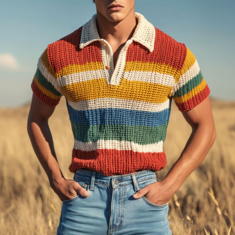 Men's Casual Rainbow Striped Lapel Knitted Short Sleeve Polo Shirt MTA0720D3M