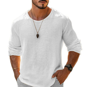 Camiseta informal de algodón y lino para hombre, cuello redondo, manga larga y holgada