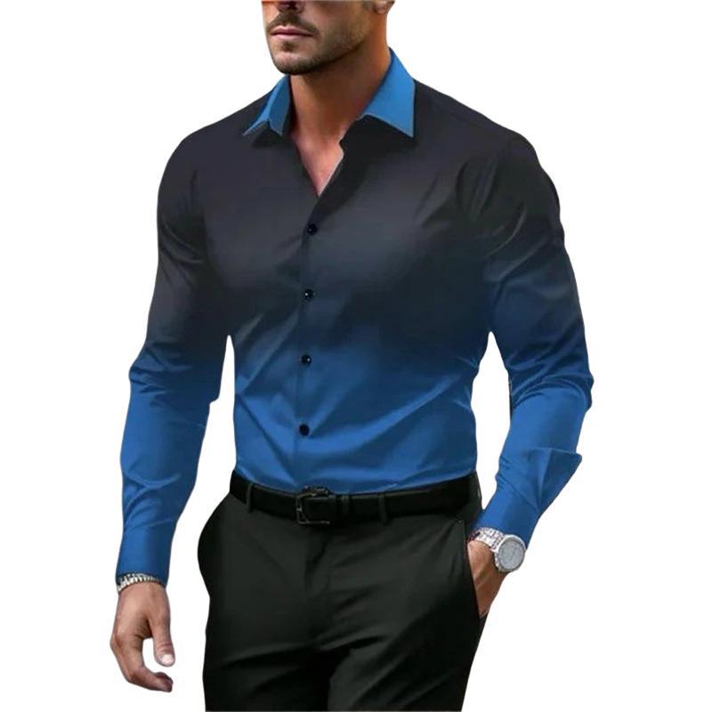 Men's Gradient Lapel Button Loose Long Sleeve Shirt