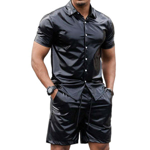 Men's Shiny PU Leather Plain Black Short Sleeve Set