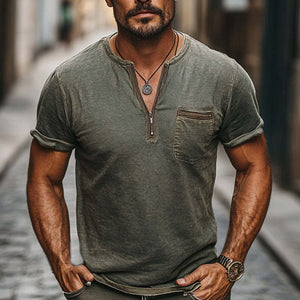 Camiseta informal verde oscuro desgastada con media cremallera para hombre, agradable para la piel