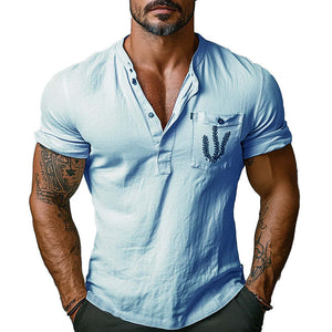 Camiseta informal de manga corta con cuello henley y estampado de bolsillo para hombre
