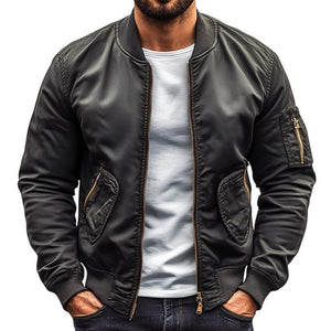 Chaqueta de béisbol elegante de color liso con múltiples bolsillos y cremallera para hombre
