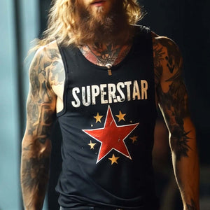 Men's Retro "SUPERSTAR" Print Casual Crew Neck Tank Top