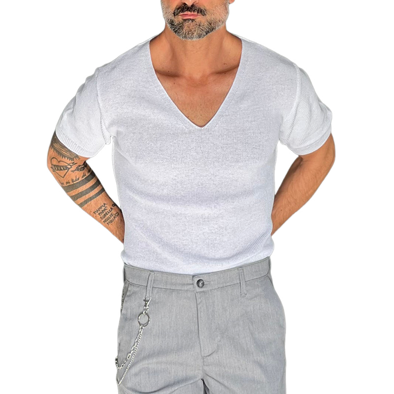 Men's Solid Color V-Neck Short Sleeve Knitted T-Shirt