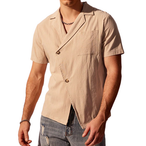 Men's Spring Fashion Casual Slant Pracket Slim Fit Linen Short Sleeve Shirt