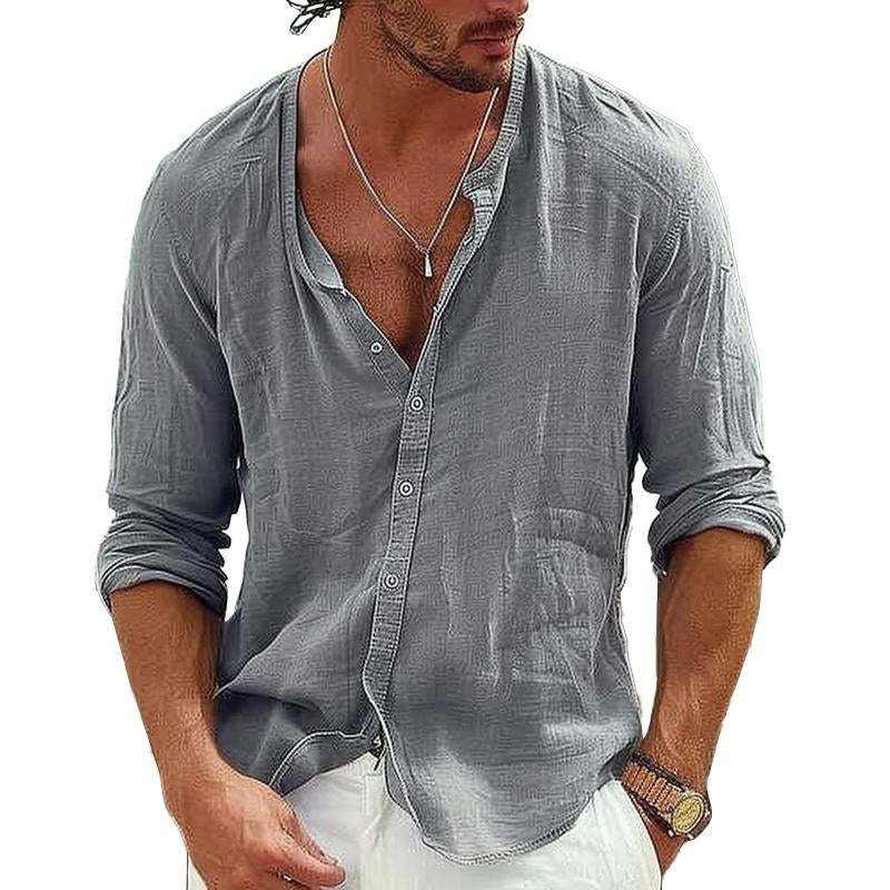 Men's Casual Cotton Linen Stand Collar Single Breasted Long-Sleeved Shirt