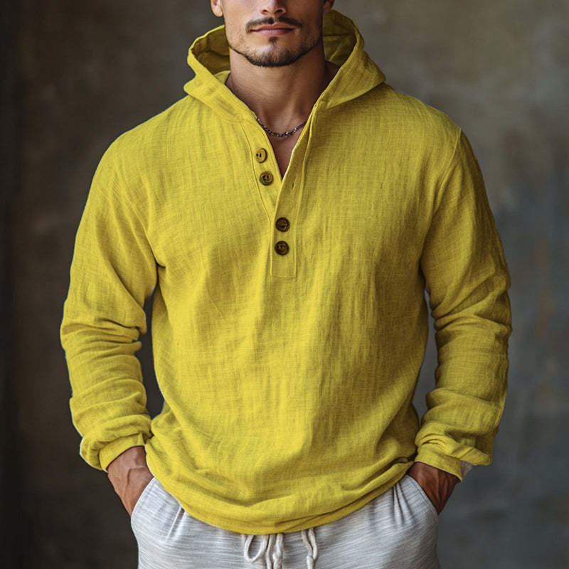 Hautfreundlicher, cremefarbener Langarm-Hoodie aus Baumwolle und Leinen für Herren