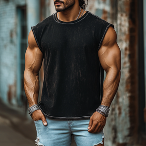 Herren-Tanktop im Vintage-Denim-Stil, schwere Waschung, lockerer Rundhalsausschnitt