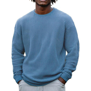 Men's Solid Color Waffle Round Neck Long Sleeve Sweatshirt