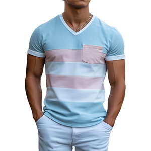 Men's Personalized Casual V-neck Bright Suede Stitching Short-sleeved T-shirt