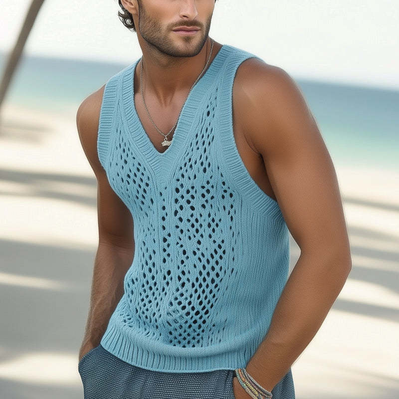 Men's Summer Fashionable Seaside Knitted Hollow Tank Top