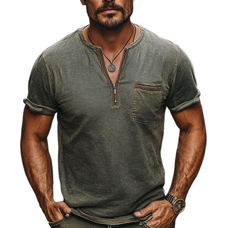 Men's Dark Green Distressed Half-Zip Casual Skin Friendly T-Shirt