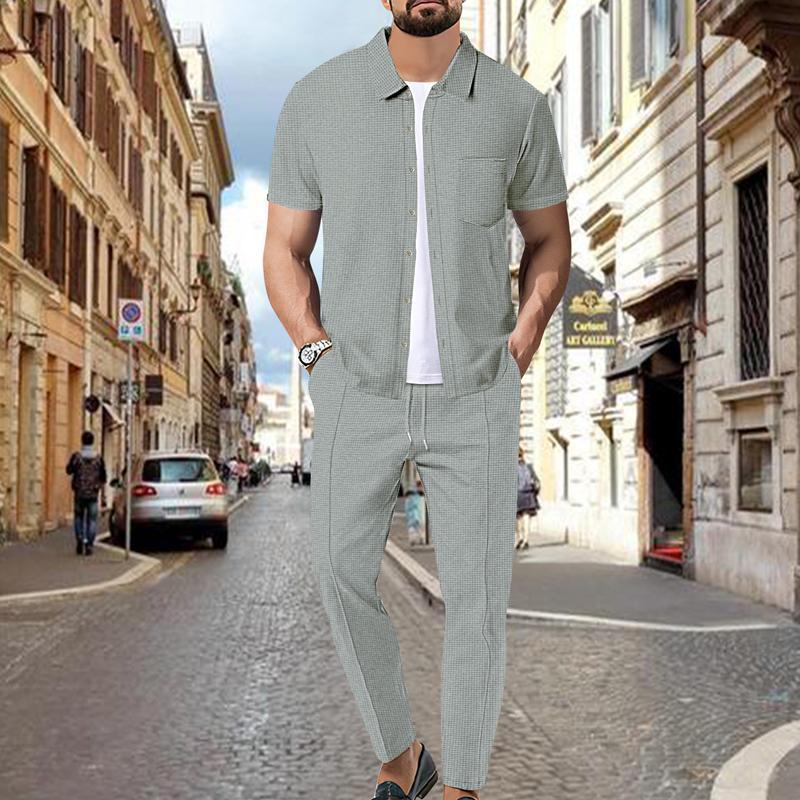 Men's Waffle Solid Color Short Sleeve Shirt And Pants Set