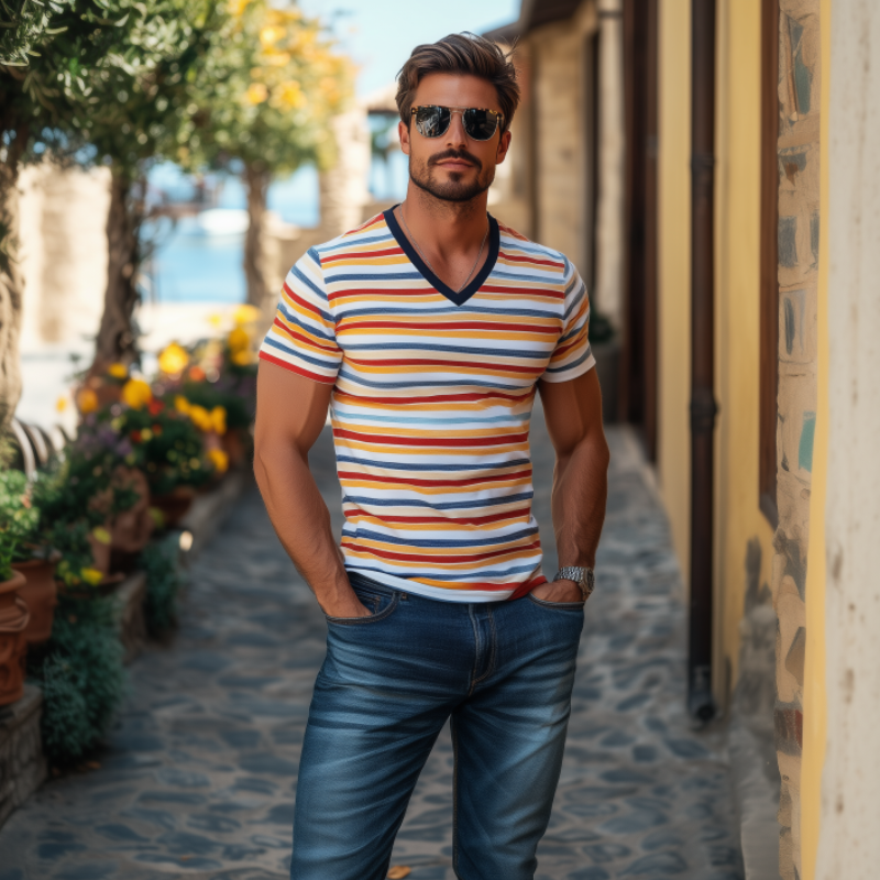 Camiseta clásica informal de algodón con rayas contrastantes y patchwork para hombre, corte entallado