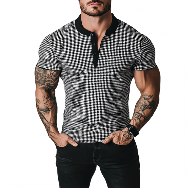 Herren-T-Shirt mit Retro-Hahnentrittmuster und Patchwork-Henry-Kragen, schmale Passform, kurzärmelig