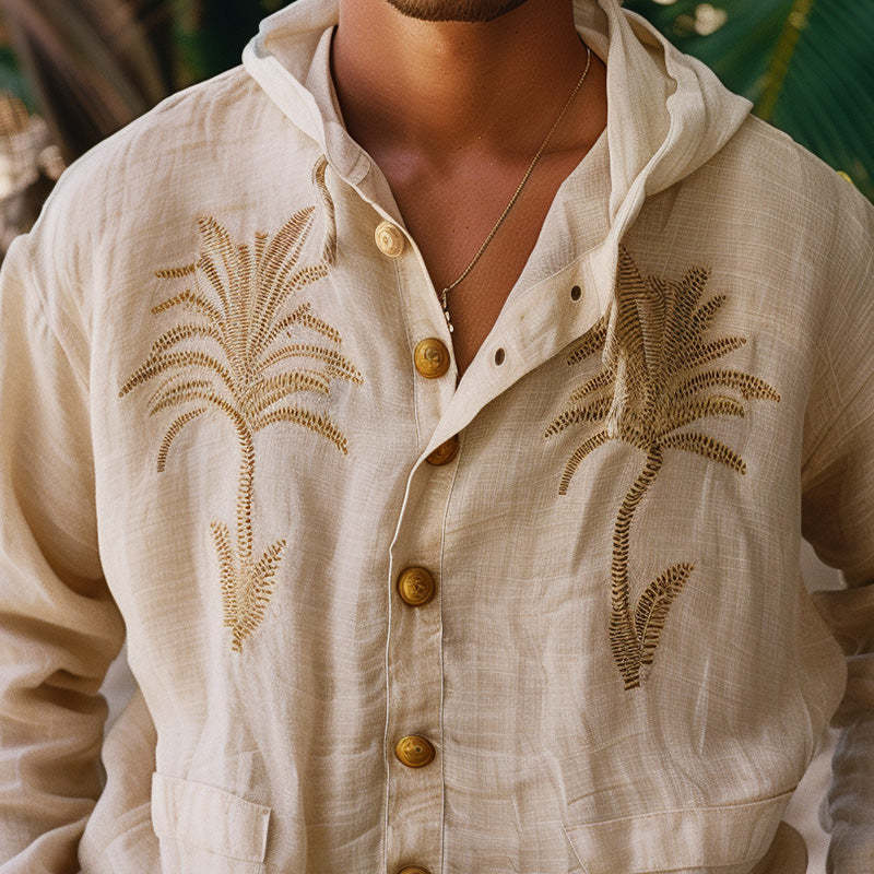 Men's Palm Leaf Embroidered Linen Hooded Shirt