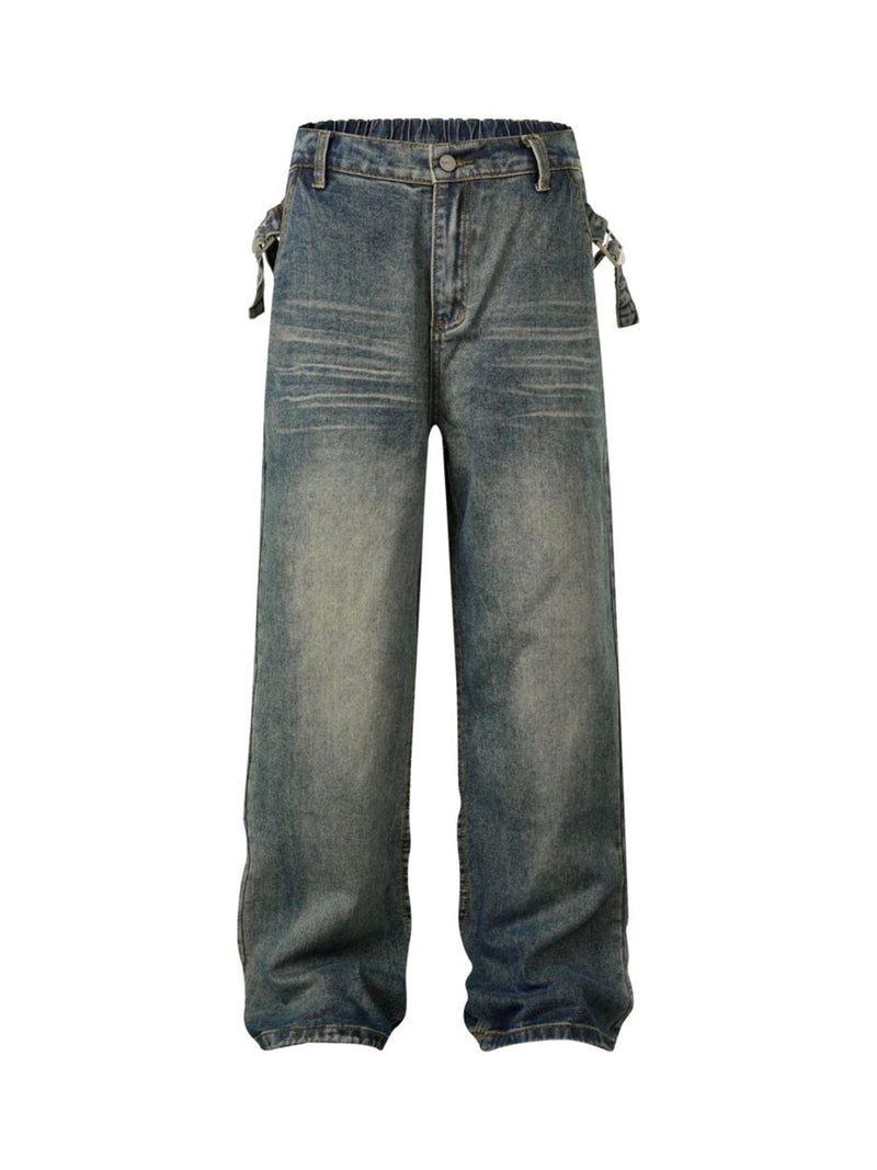 Washed Distressed Waistband Straight Jeans