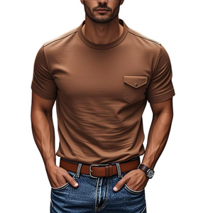 Camiseta informal de algodón de manga corta con cuello redondo y bolsillo en el pecho para hombre