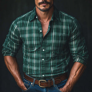 Camisa vintage de cuadros verde oscuro de manga larga para hombre