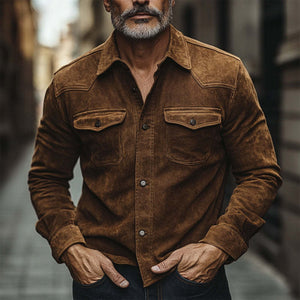 Herren Vintage Braunes Wildleder Langarmhemd