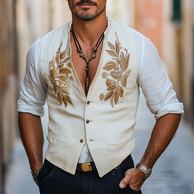 Men's Comfortable Cotton And Linen Gold Embroidered Vest