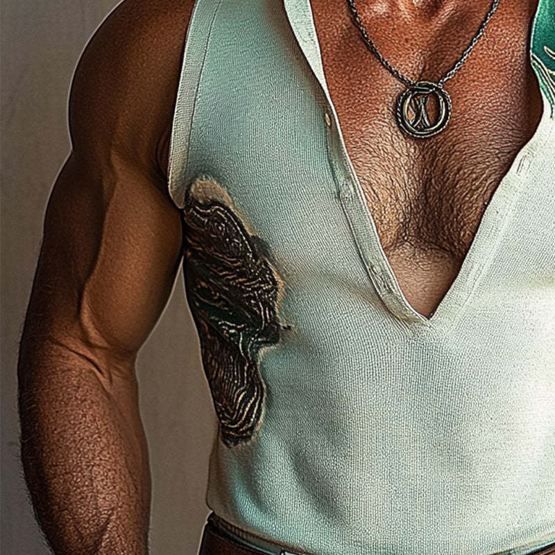 Men's Deep V Stand Collar Printed Vest