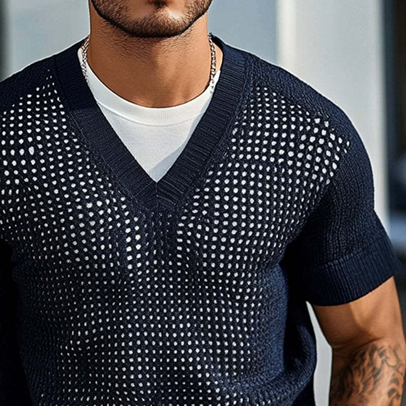 Einfarbiges, gestricktes T-Shirt mit V-Ausschnitt und kurzen Ärmeln für Herren