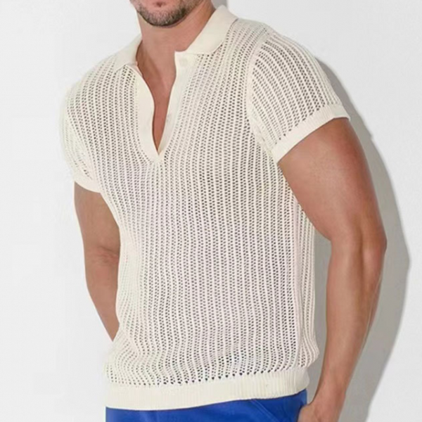 Camiseta de manga corta de punto sexy con cuello en V informal de moda de verano para hombre
