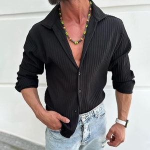 Men's Solid Striped Lapel Long Sleeve Casual Shirt