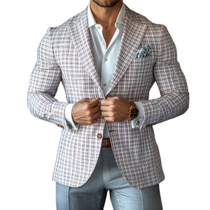 Blazer de dos botones con solapa de muesca a cuadros para hombre, primavera y verano