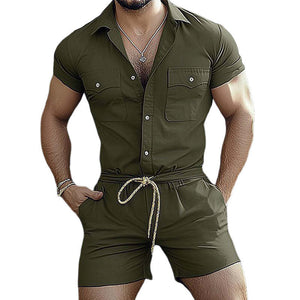 Men's Army Green Cotton Short Sleeve Shorts Jumpsuit Overall