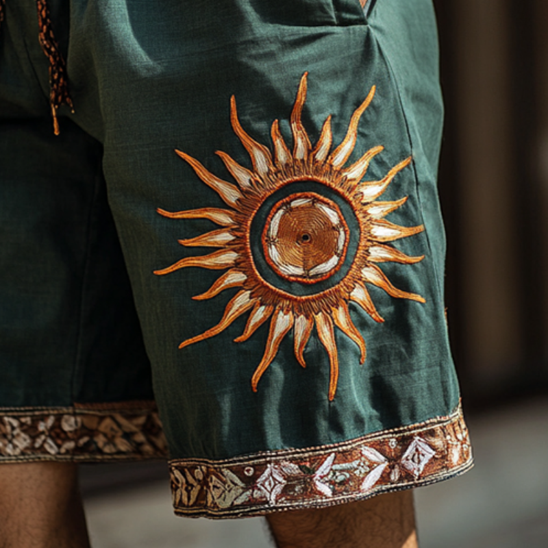 Lässige Leinenshorts für Herren im Retro-Ethno-Stil mit Sonnenstickerei