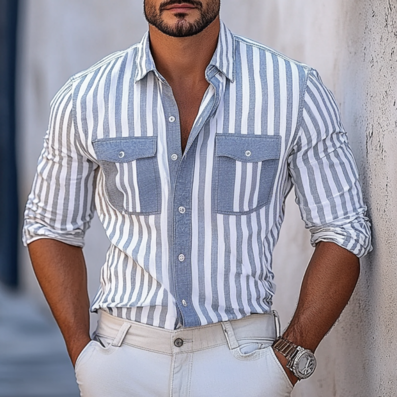 Men's Casual Stripe Print Lapel Chest Pocket Slim Fit Long Sleeve Shirt