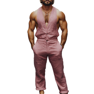 Men's Spring And Summer Fashion Casual Deep V-Neck Cotton And Linen Tank Top Pants Jumpsuit