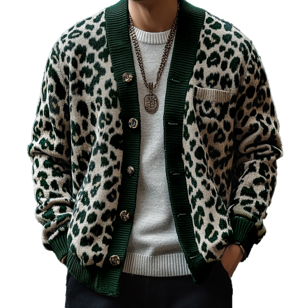 Men's Vintage Leopard Jacquard Colorblock Single Breasted Cardigan