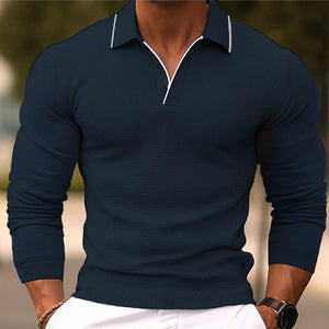 Polo de manga larga ajustado con solapa de color liso para hombre