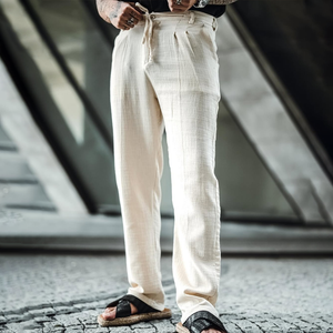 Men's Solid Cotton And Linen Mid Waist Straight Casual Pants