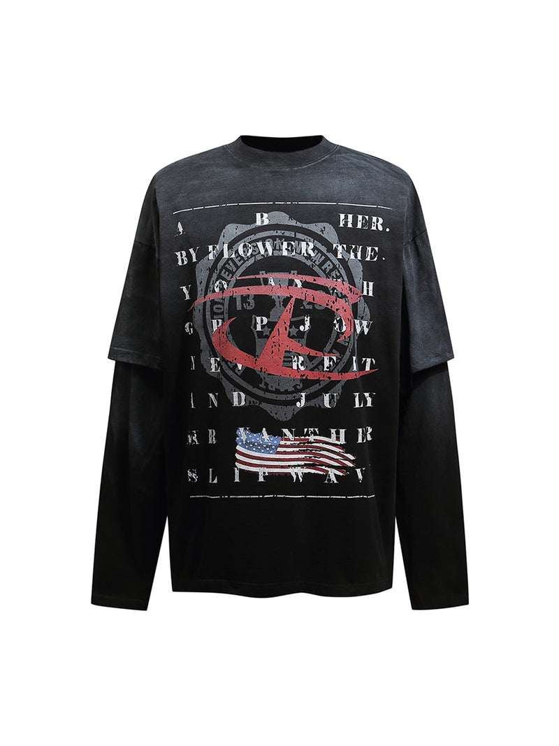 Retro Spray Mock Two-Piece Long Sleeve T-shirt