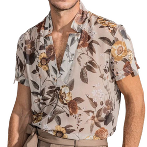 Camisa informal de manga corta de gasa con cuello en V y estampado retro para hombre