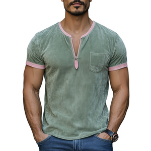 Men's Spring And Summer Fashion Casual V-neck Zipper Contrast Color Splicing Suede Short Sleeve T-shirt